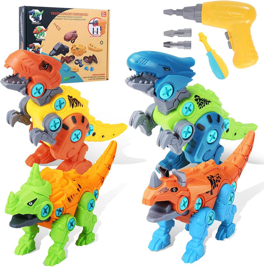 Dinosaur Toys for Kids 3-5 - 4 Pack Take Apart Dinosaur Toys - STEM Puzzles Construction Engineering Kits Building Blocks with Electric Drill Toys for 3 4 5 6 7 8 Year Old Boys Girls Toddler Gifts