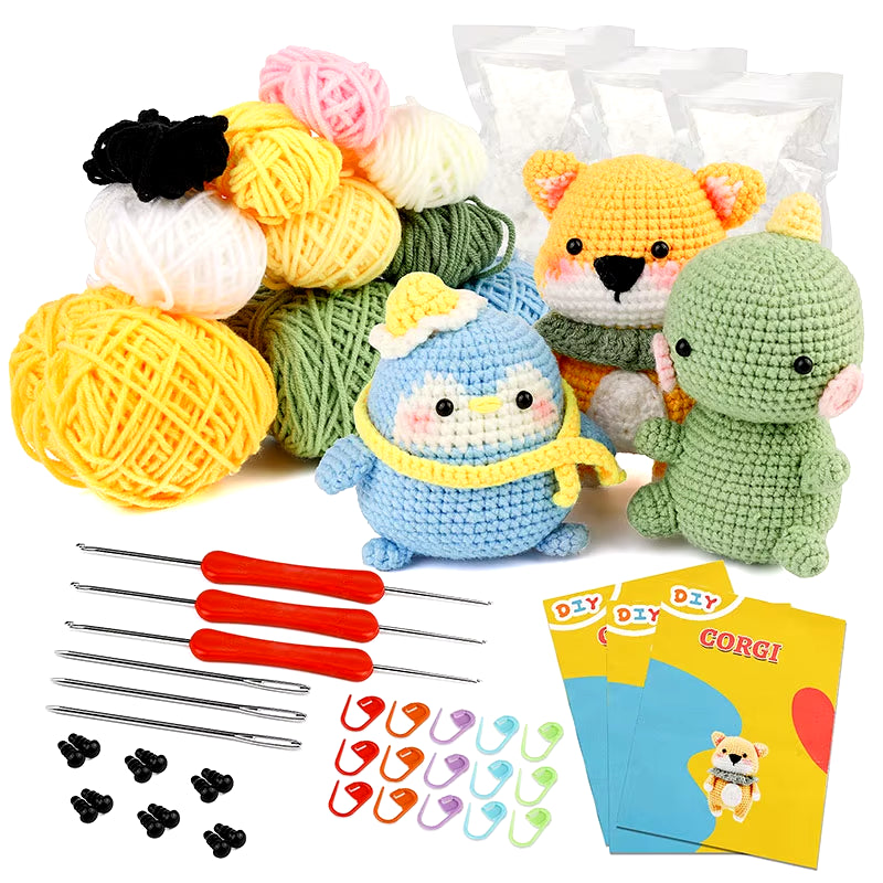 DIY Crochet Animal Kit with Hand Knitting Yarn Needles Plush Doll Easy for Starter Includes Enough Yarn Hook Accessories