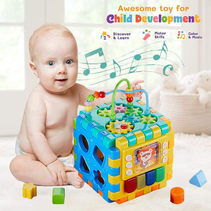 Baby Activity Cube Toddler Toys - 6 in 1 Shape Sorter Toys Baby Activity Play Centers for Kids Infants Educational Musci Play Cube Preschool Toys for 1 2 Years Old Boys & Girls(Battery Excluded)